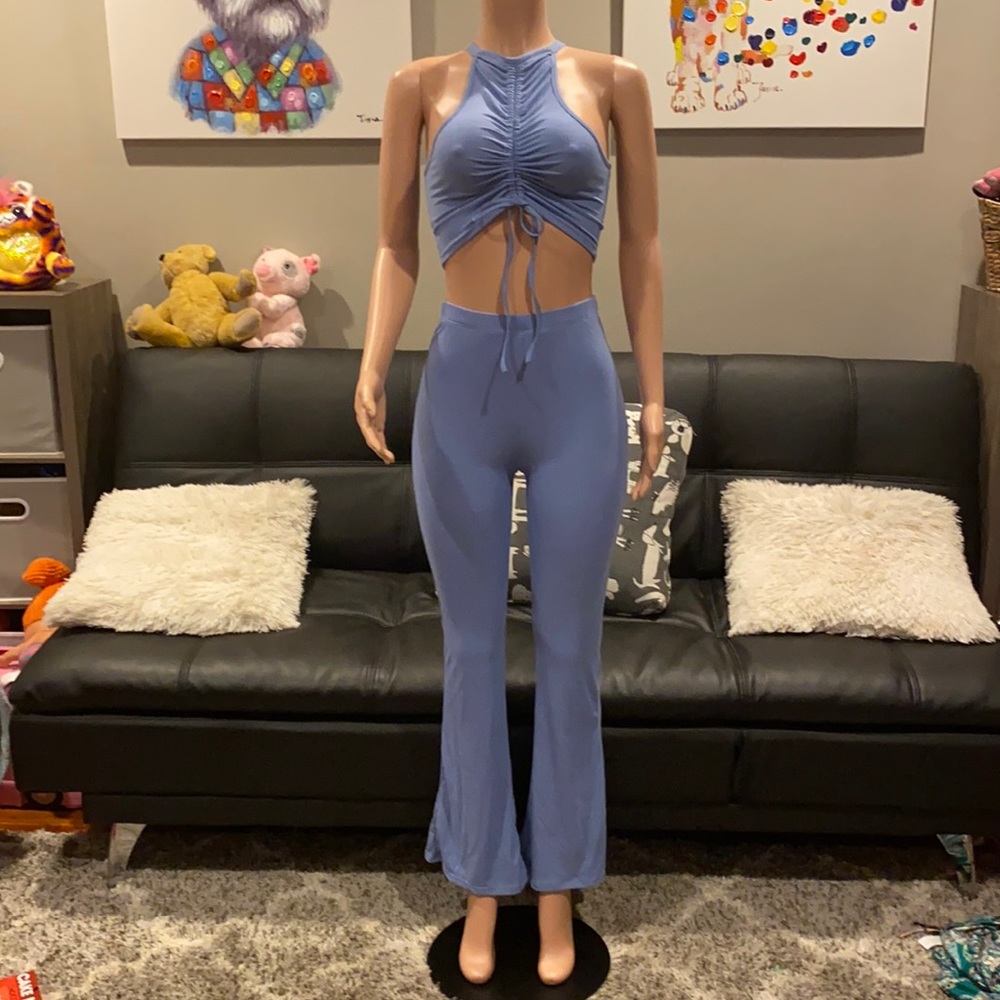 Blue Ribbed Flare Pants Set 2 Piece Ruched Top Co Ord Set Small